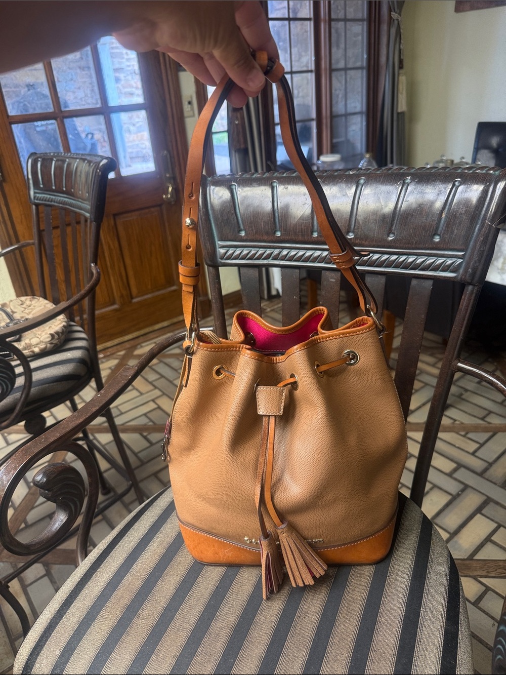 Dooney & Bourke Tan Pebbled Leather Drawstring Bucket Bag with Tassel